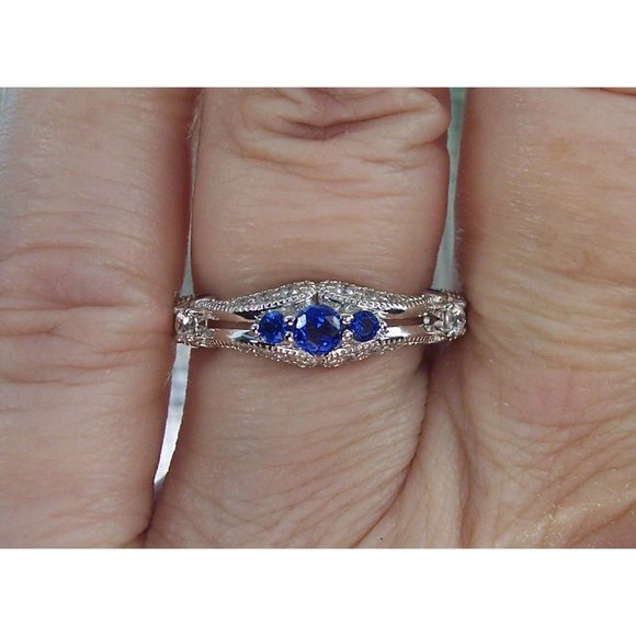925 STERLING SILVER Antique Style Blue Spinel Cubic Zirconia Filigree Ring - Picture 15 of 16